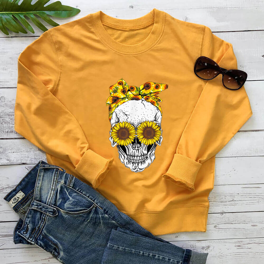 Women's Skull & Sunflower Loose Crewneck Sweatshirt