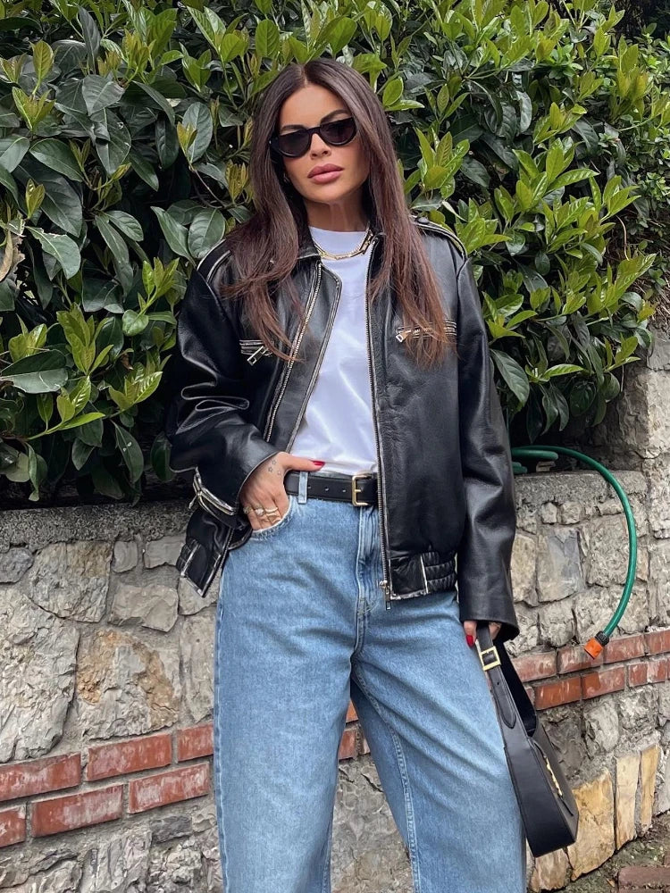 Women's black faux leather bomber jacket
