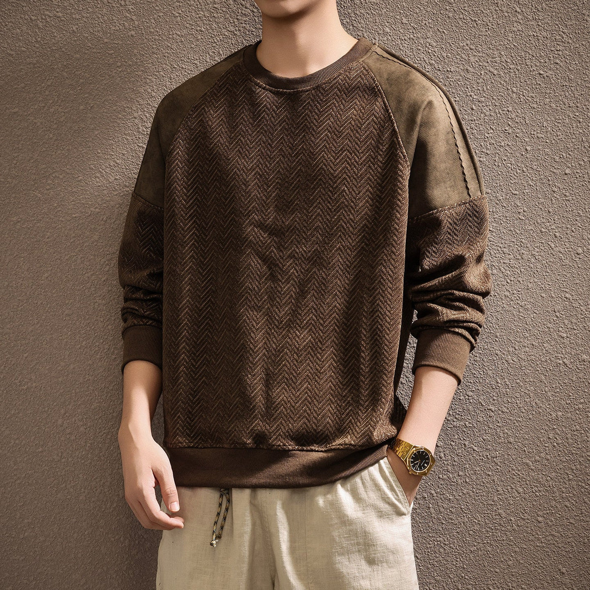 Premium Retro Heavyweight Casual Men's Long Sleeve Color-Block Textured Sweatshirt eprolo