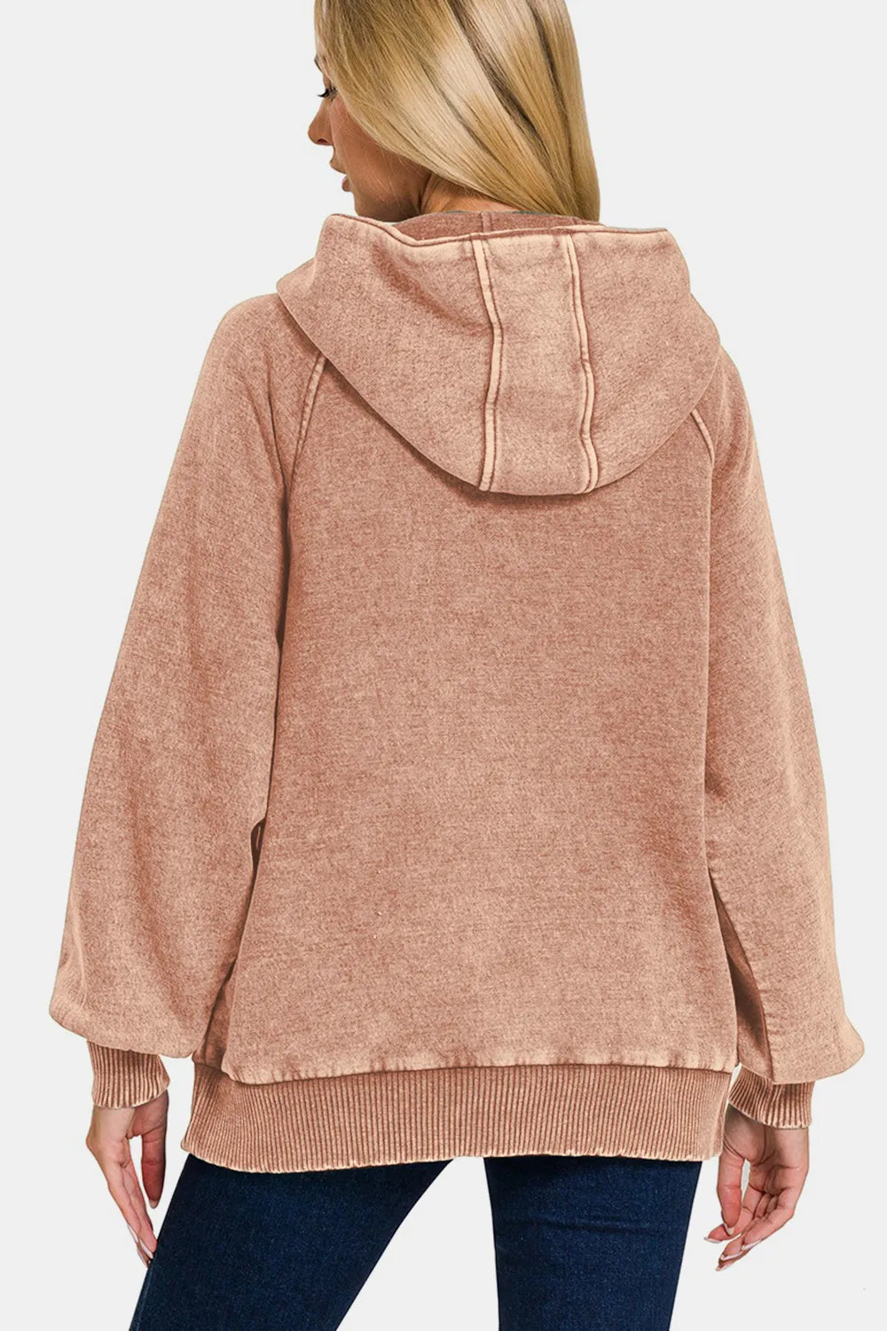 Zenana acid wash fleece kangaroo hoodie with front pocket and drawstring hood, casual and comfortable for everyday wear