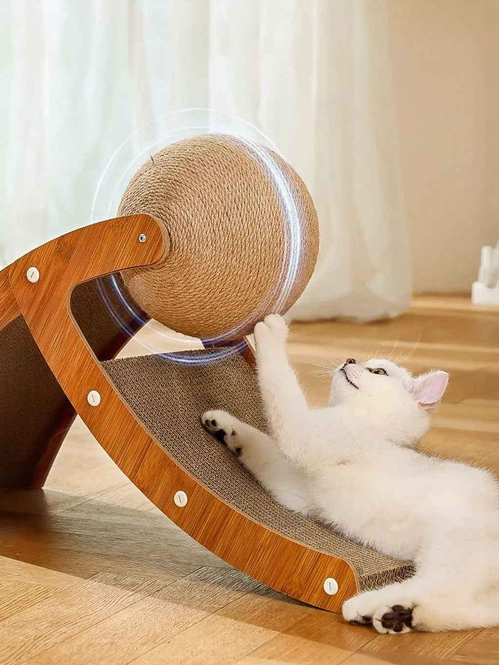 Interactive ball and ramp cat scratching post by Trendsi with colorful sisal surfaces and a playful hanging ball for feline fun.