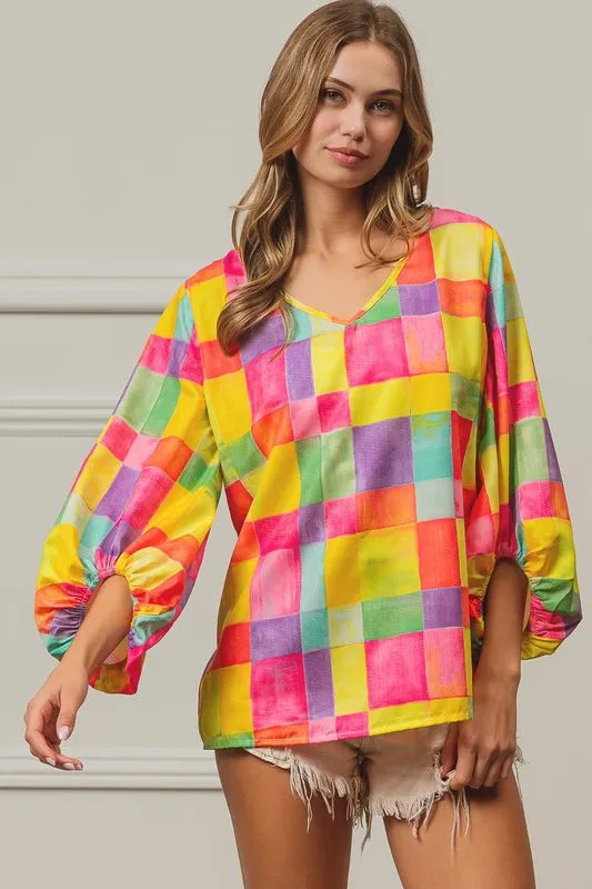 Colorful BiBi Multi Block Bubble Pop Balloon Top by Trendsi featuring vibrant bubble pop design and playful multicolor blocks.