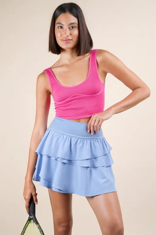 Trendsi Very J riffled tiered layers activewear skirt with built-in shorts, black athletic skirt with ruffled tiered design.