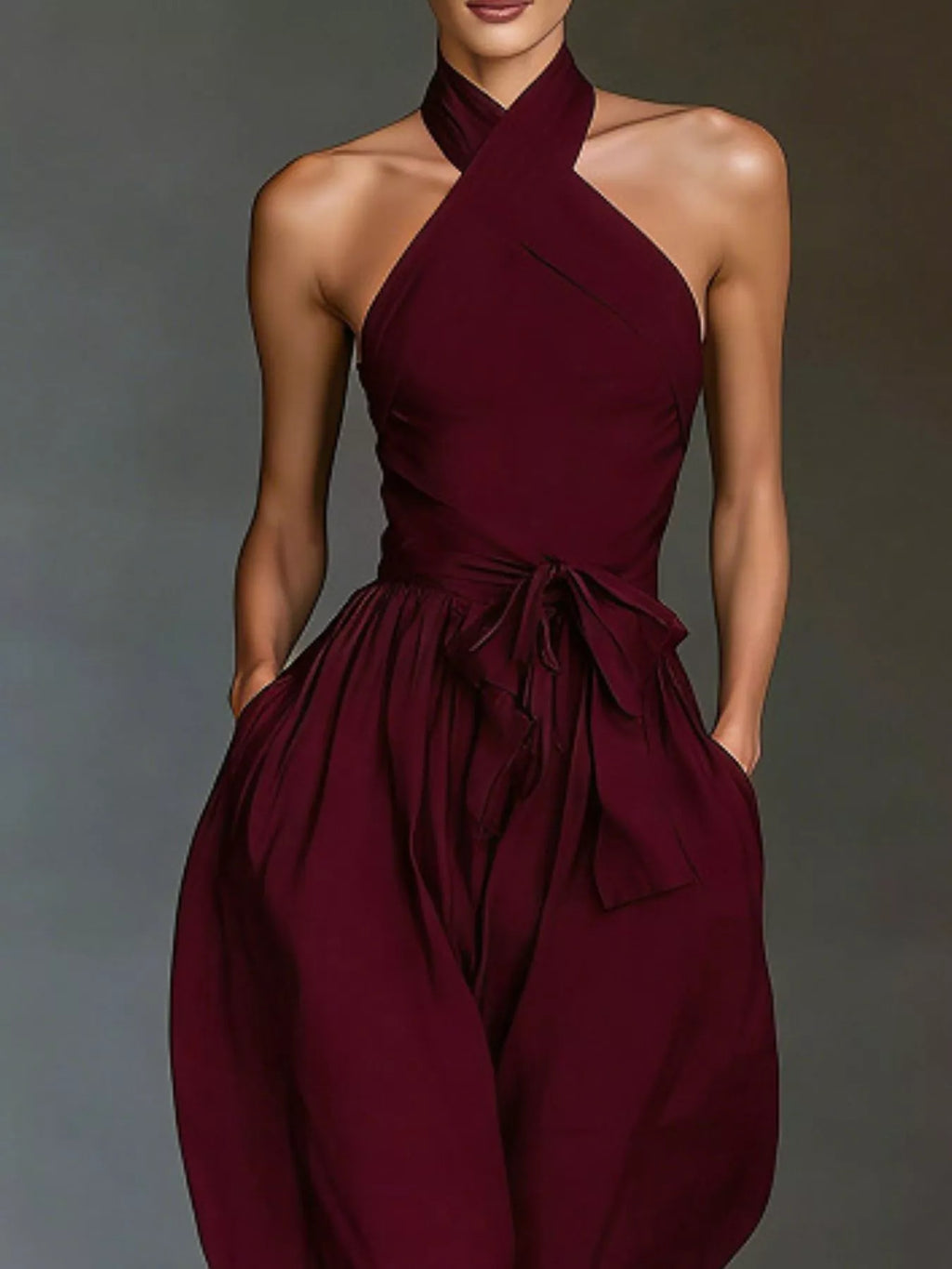 Halter neck wide-leg jumpsuit with waist-tie detail in a flowy fabric, stylish and comfortable for casual or semi-formal wear