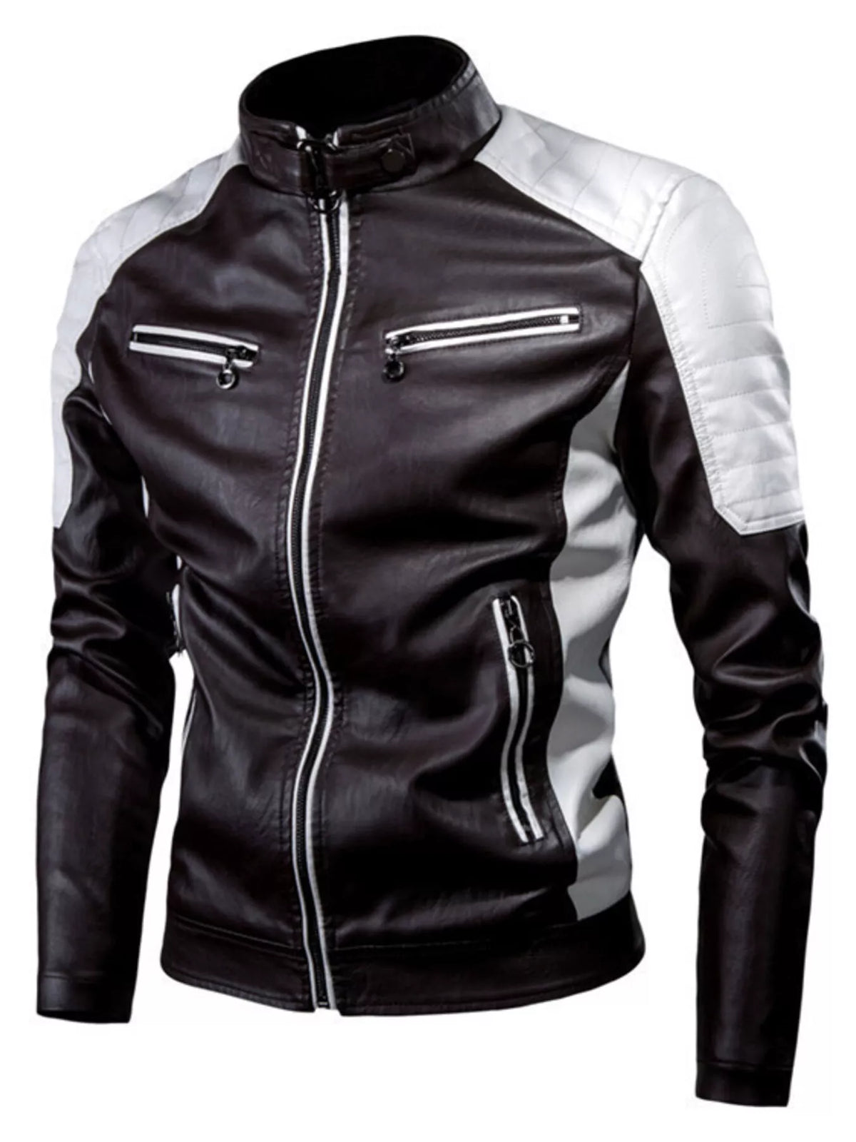 Men's two-tone faux leather motorcycle jacket, view 3