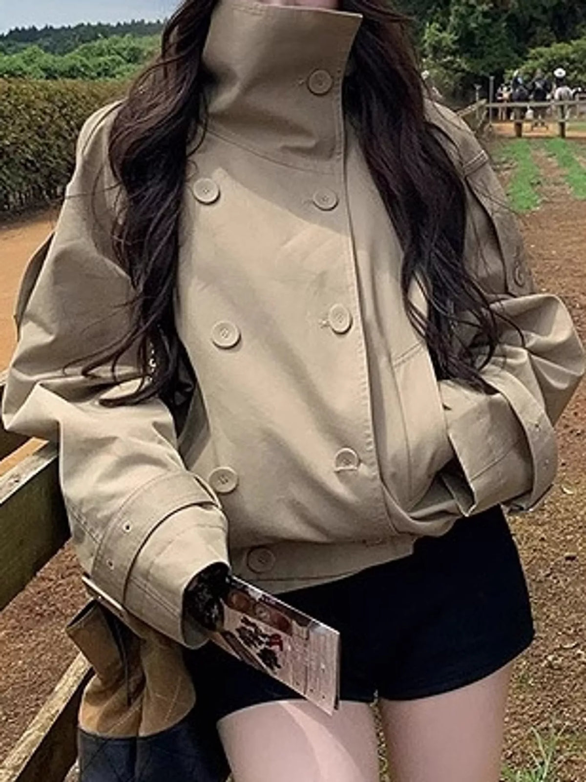 Double-breasted cropped trench jacket, view 2