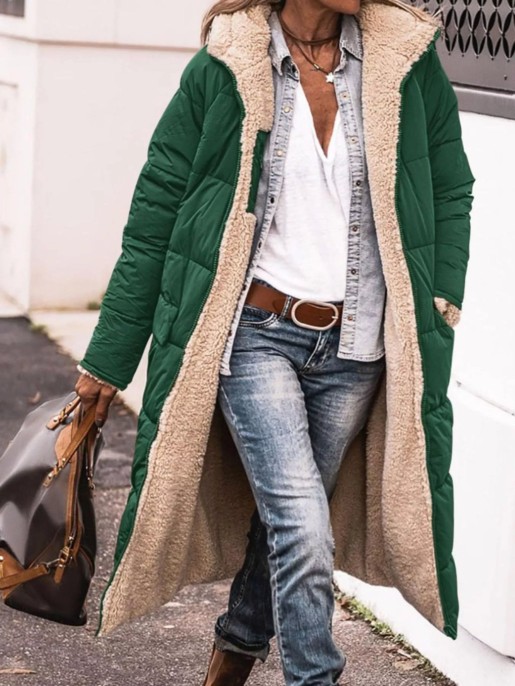 Plus size longline sherpa-lined hooded zip-up coat, view 18