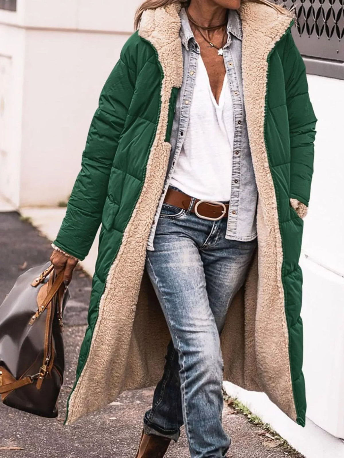 Plus size longline sherpa-lined hooded zip-up coat, view 18