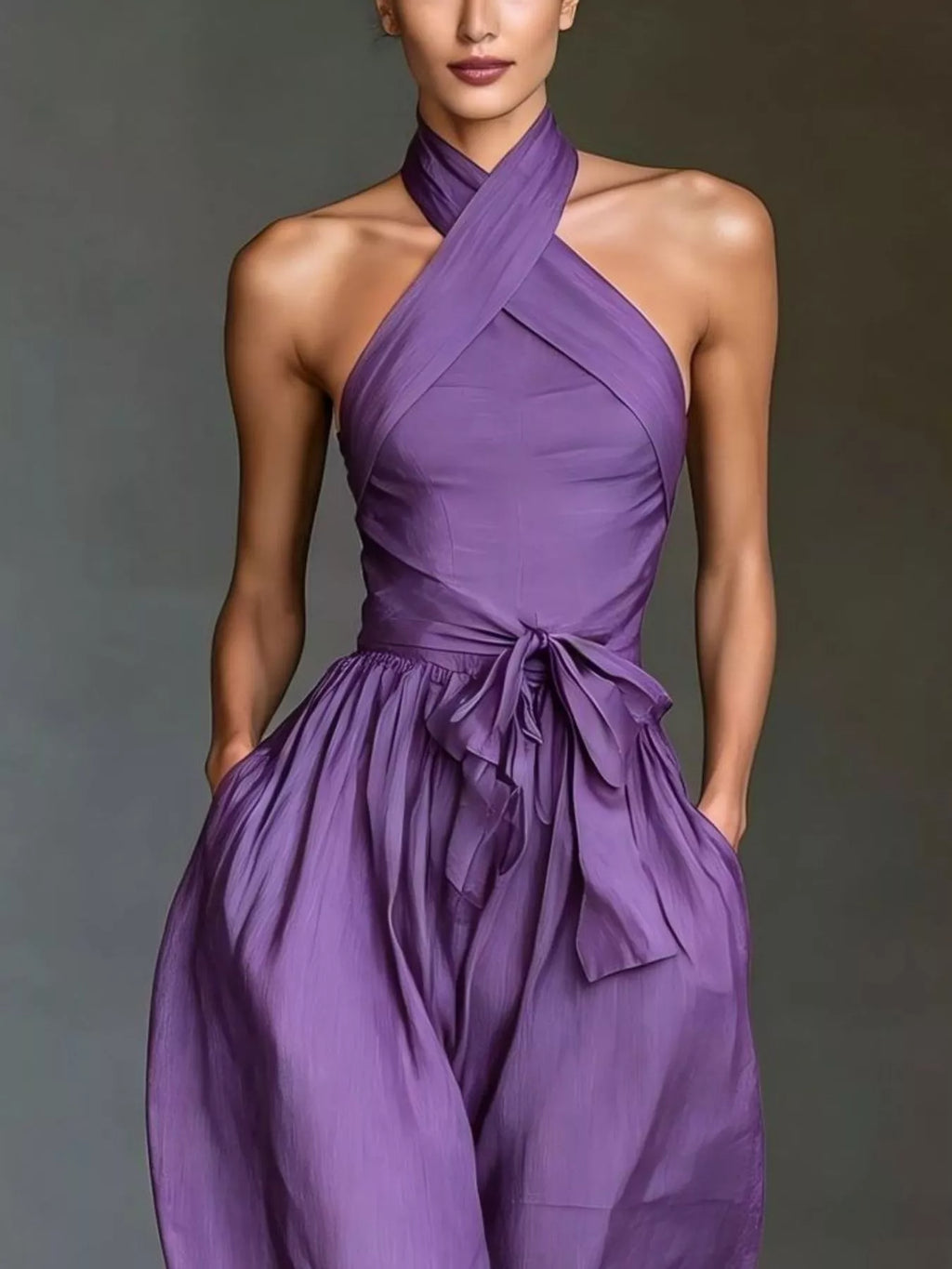 Halter neck wide-leg jumpsuit with waist-tie detail, stylish Trendsi women's fashion, front view showcasing the elegant silhouette.