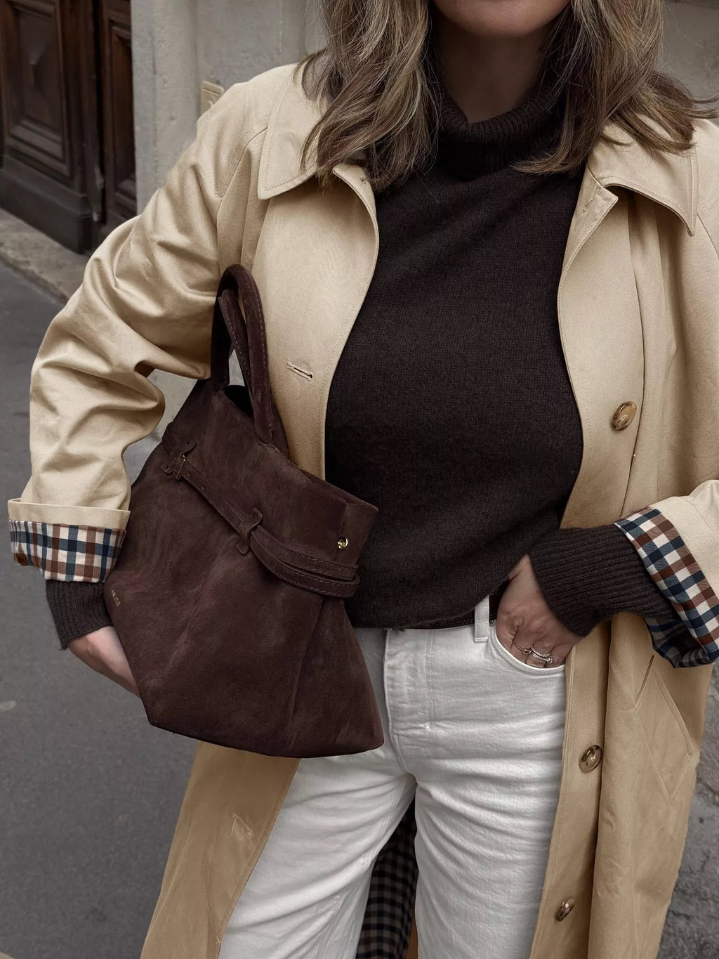 Khaki button-up trench coat with checkered lining, view 3