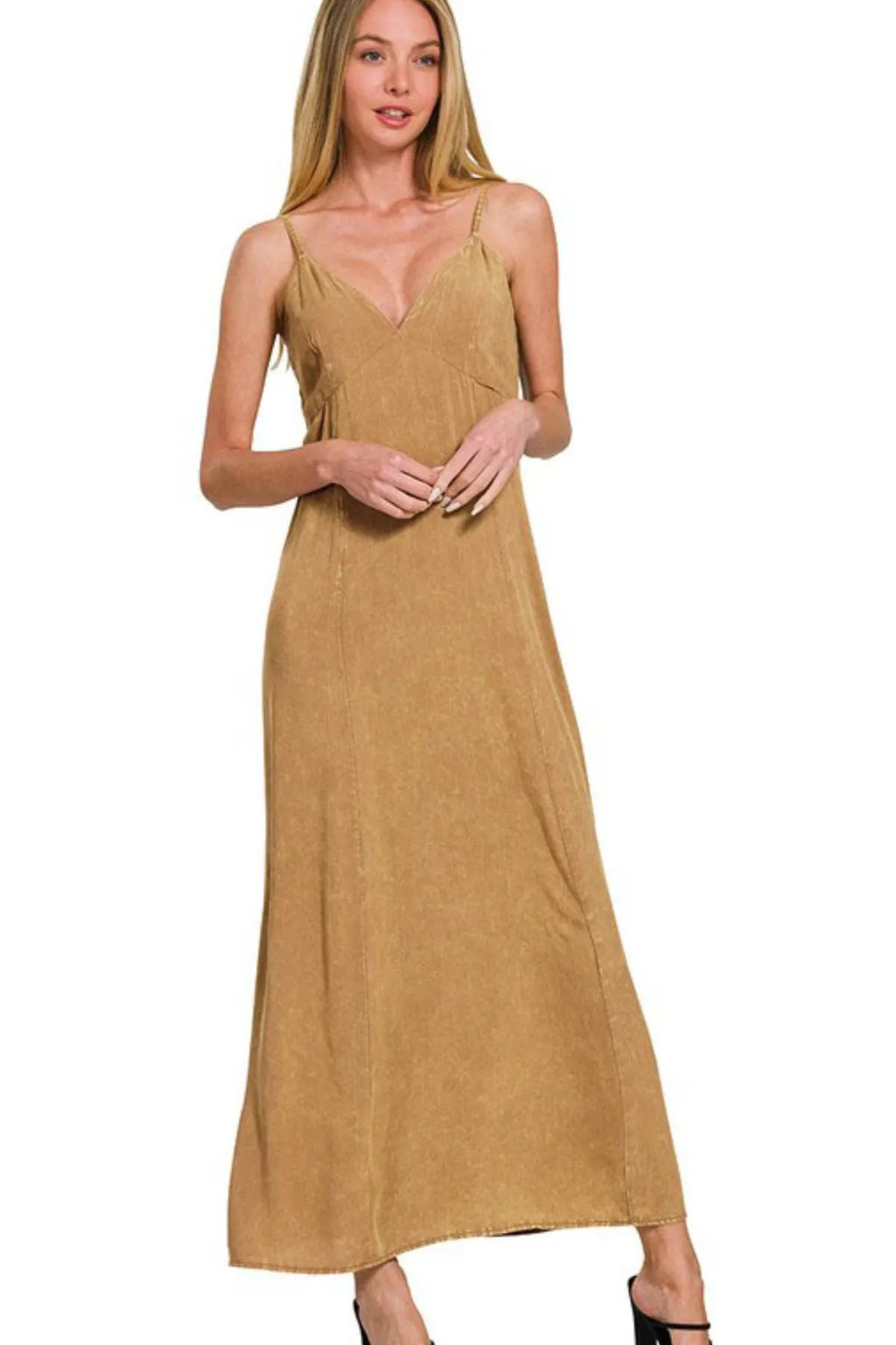 Mineral washed rayon challis cami dress by Zenana featuring a relaxed fit and adjustable straps, shown on a model.