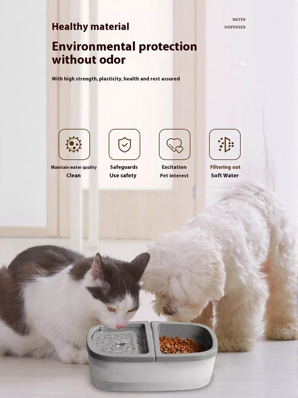 Trendsi 2-in-1 automatic pet water dispenser and food bowl with stainless steel bowls in a modern design.