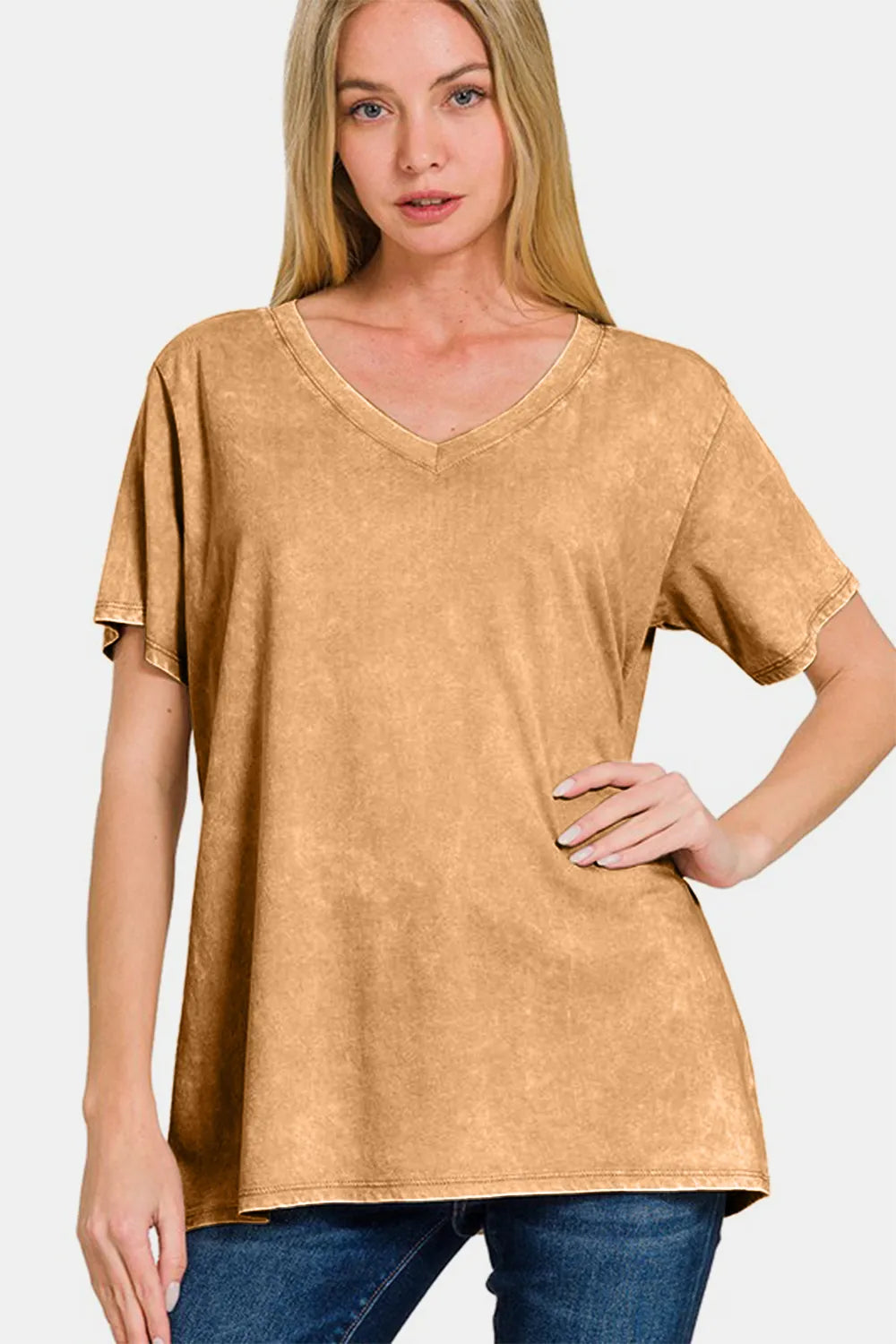 Washed short sleeve V-neck T-shirt by Zenana, in full size, featuring a classic fit and soft fabric, displayed on a hanger.
