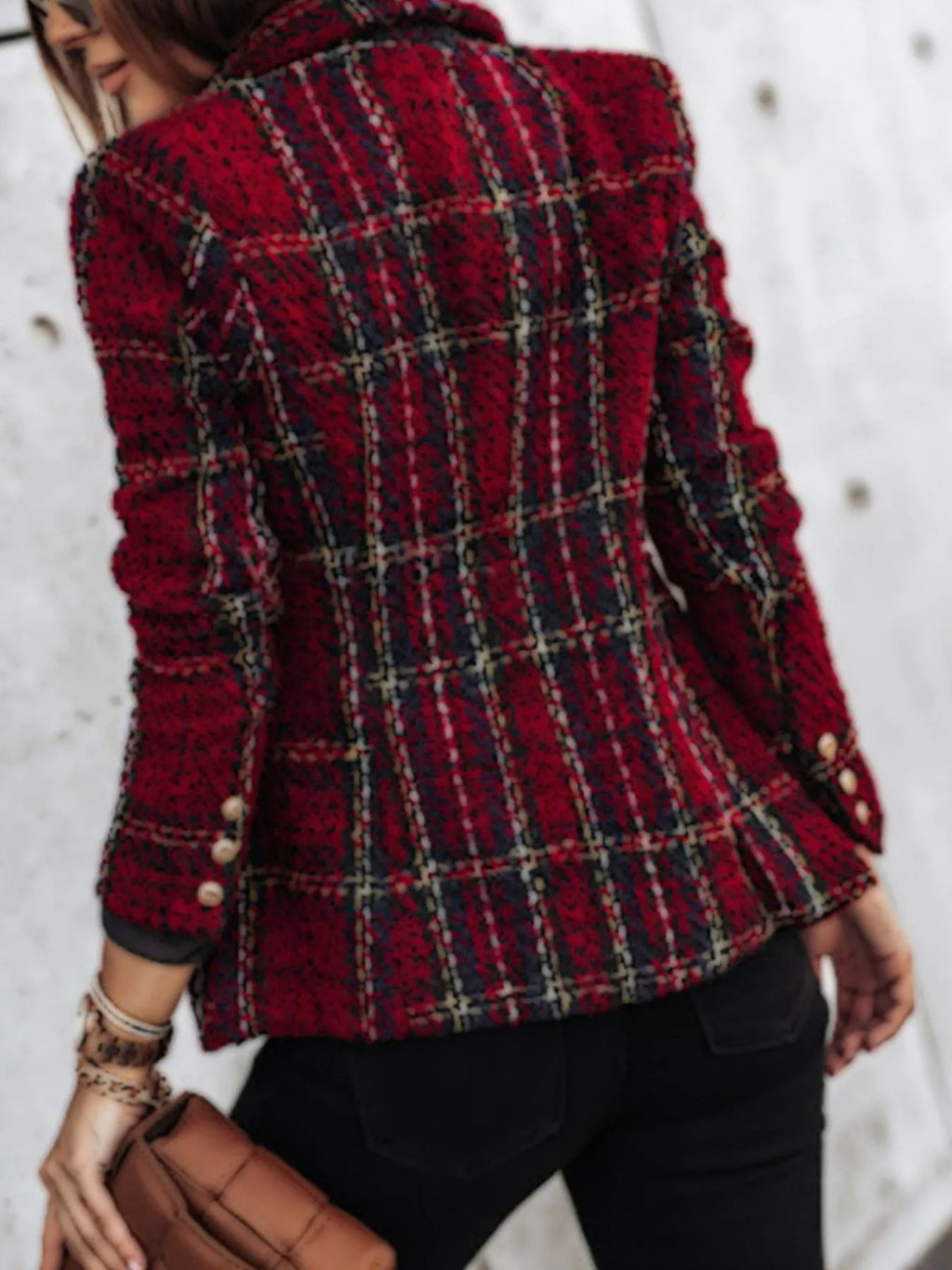 Plus size lined plaid tweed double-breasted blazer, view 3