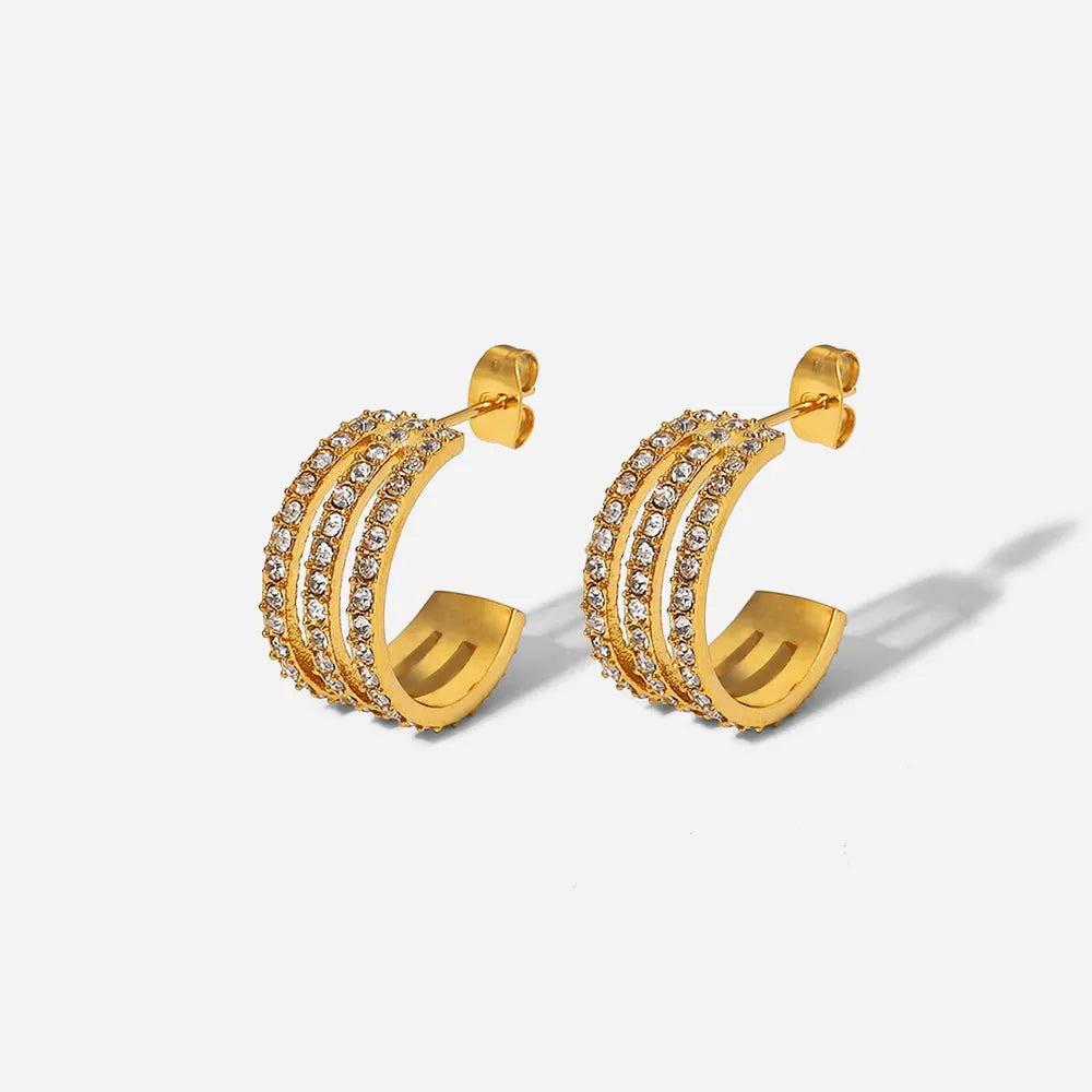 Stainless steel inlaid zircon C-hoop earrings with sparkling stones and sleek silver finish, perfect for stylish jewelry looks