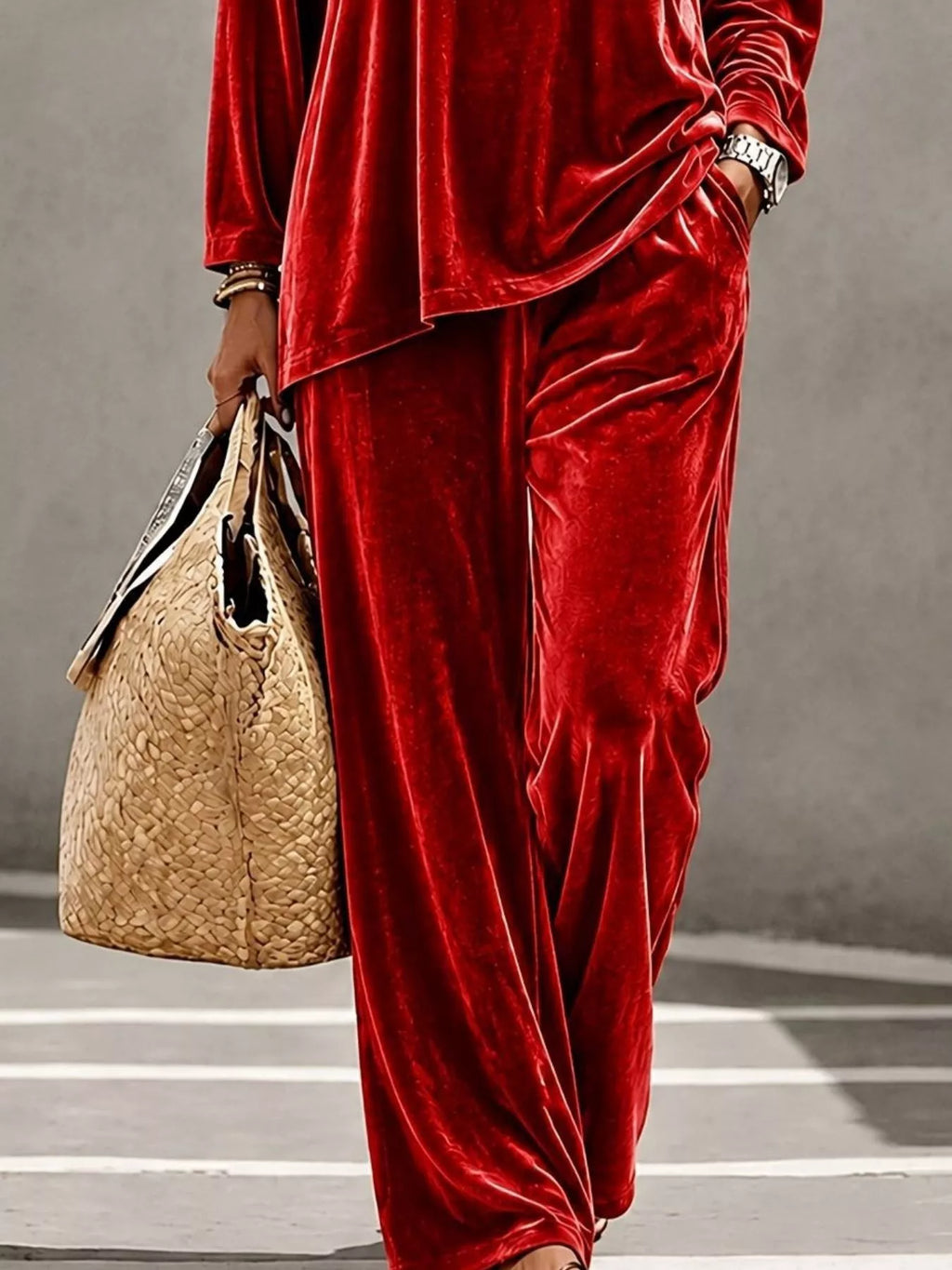 Plus size velvet long sleeve top and pants set by Trendsi, featuring a full-length, soft, and stylish loungewear ensemble.