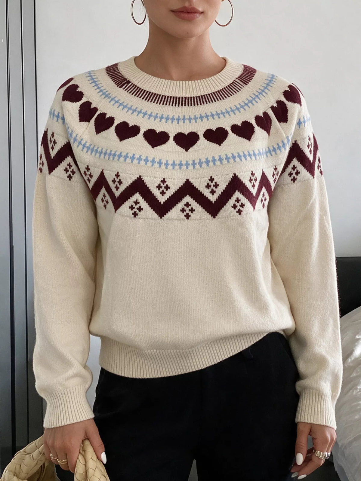 Apricot heart pattern crew neck sweater, view 2