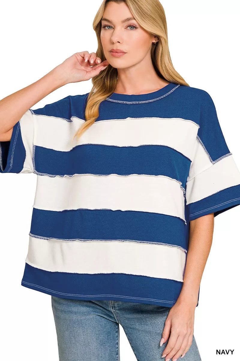Zenana French Terry striped exposed seam top featuring a relaxed fit and casual style, shown on a model.