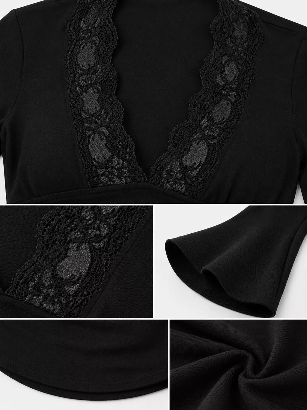 Lace trim V-neck long sleeve slim fit T-shirt by Trendsi, shown in a close-up of the soft fabric with delicate lace details.