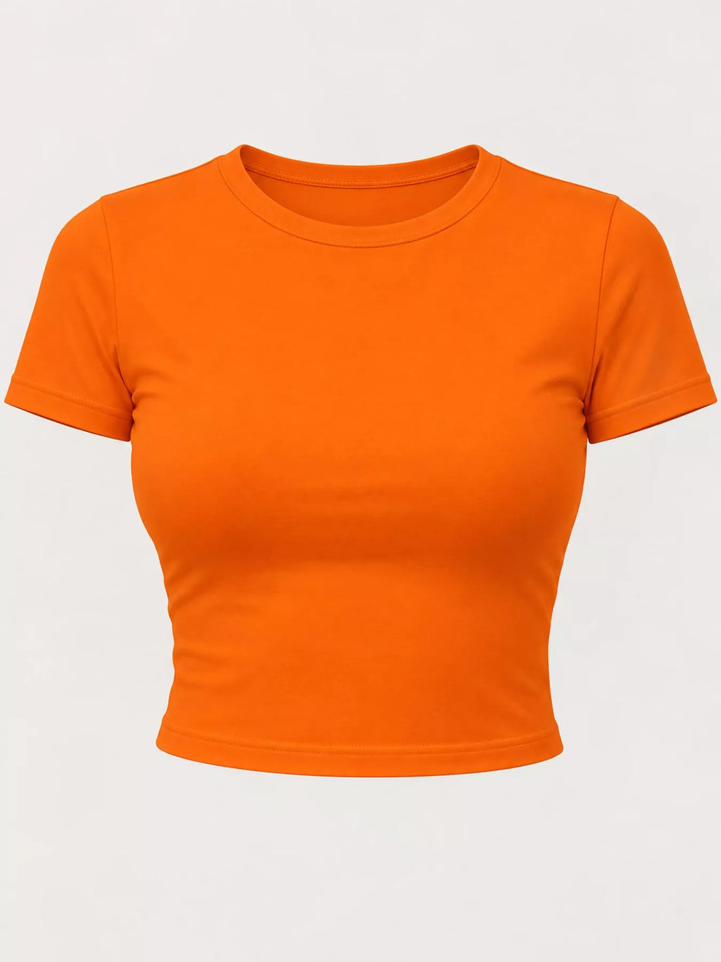 Slim fit basic crew neck short sleeve crop T-shirt by Trendsi, shown in a neutral color, close-up of the fabric and fit.