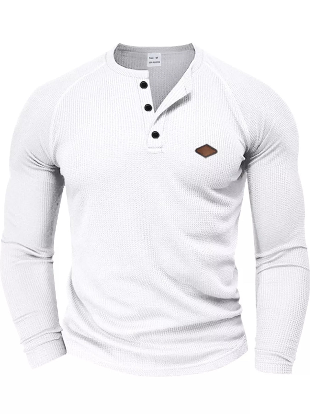 Men's plus size waffle knit Henley long sleeve T-shirt in brown featuring a buttoned placket and ribbed cuffs.