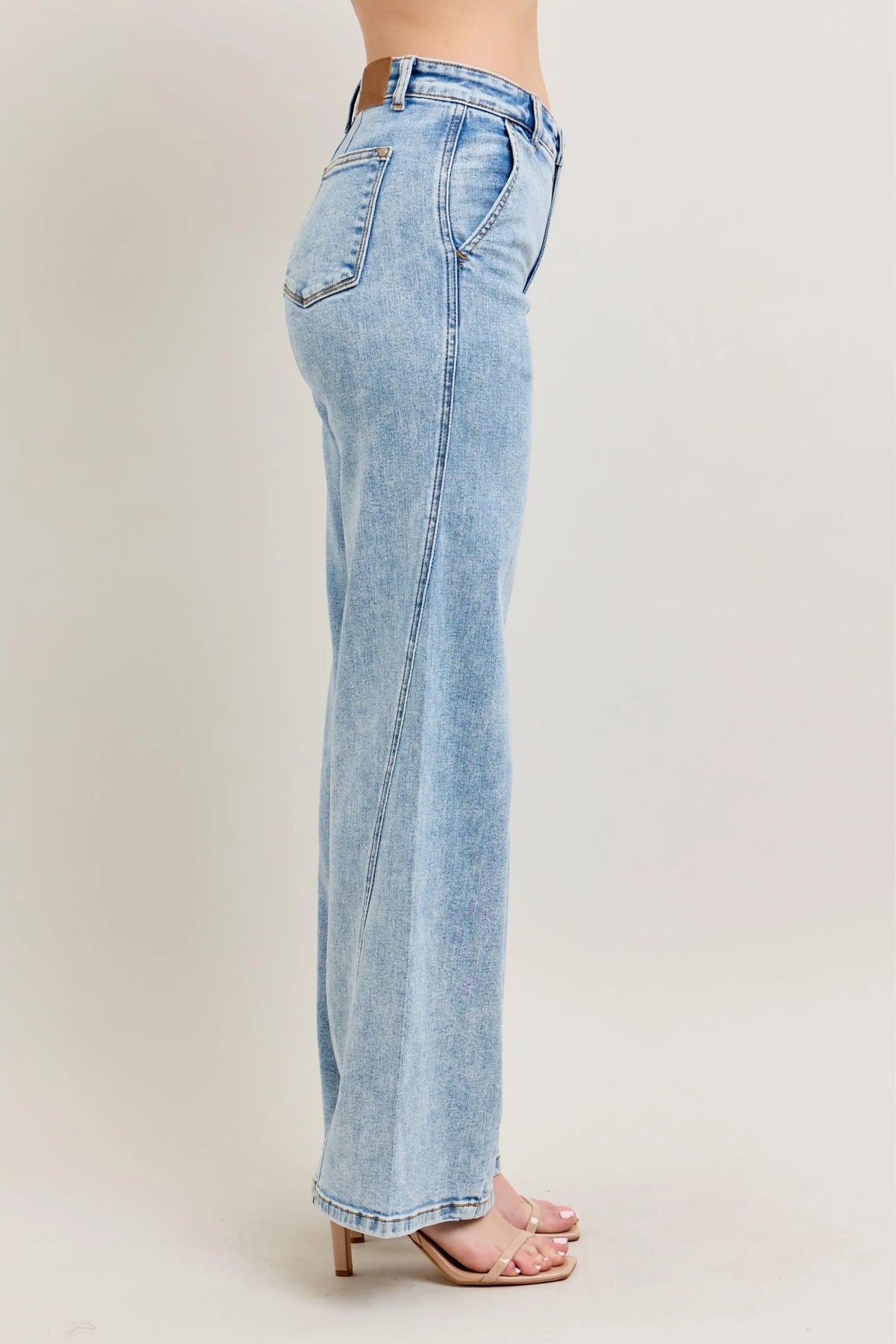 Plus size Judy Blue high waist wide leg jeans with skewed inseam, full-length denim pants with relaxed fit and trendy style