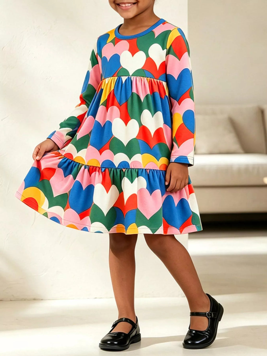 Children's heart print long sleeve tiered casual dress by Trendsi, featuring a colorful heart pattern and comfortable fit.
