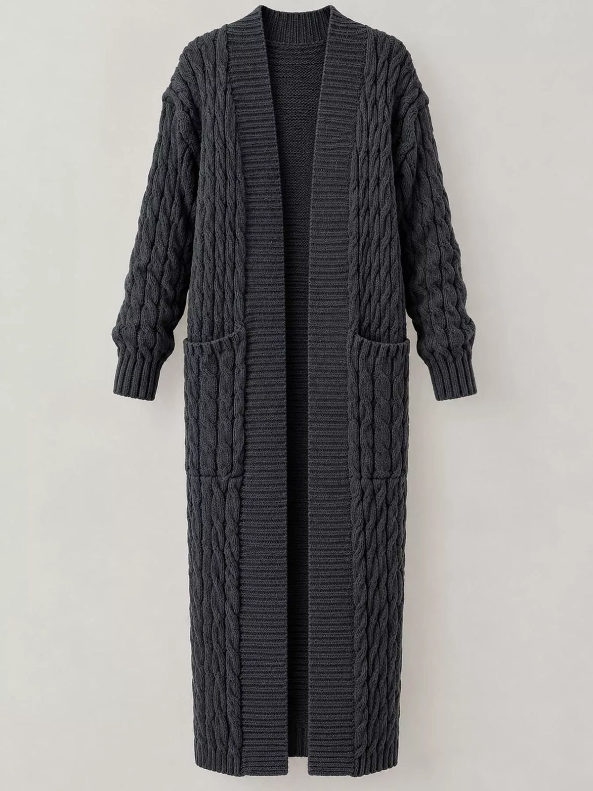 Cable knit longline open-front cardigan, view 45