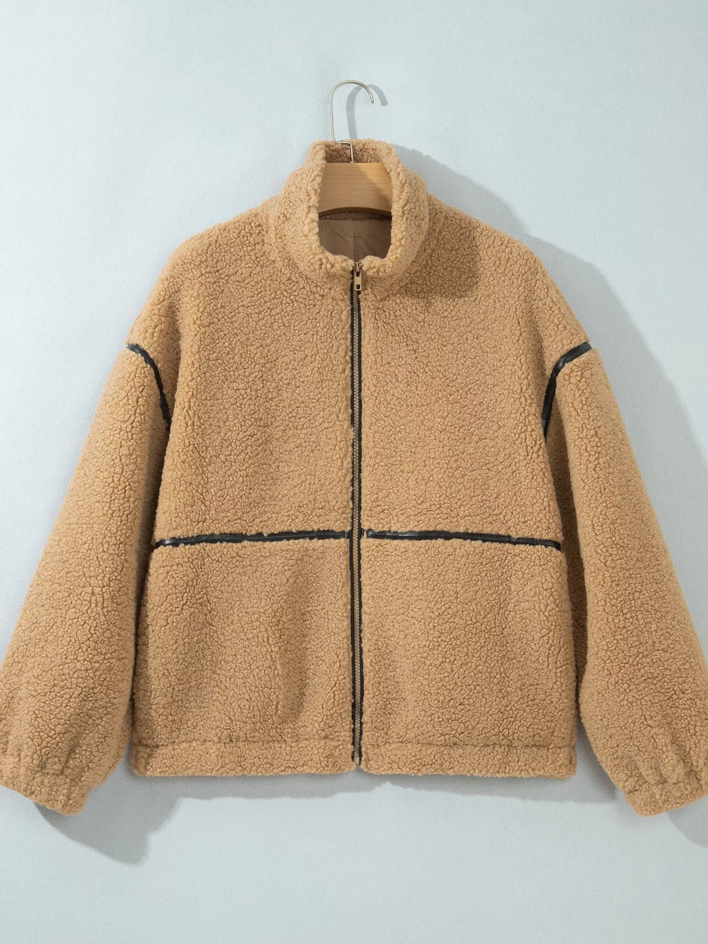 Camel fleece zip-up jacket with collar and dropped shoulders, view 2
