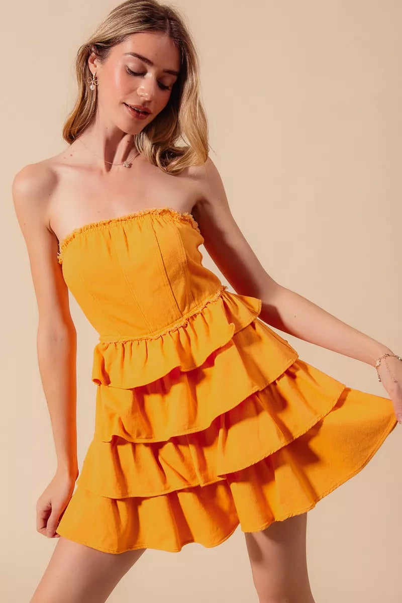 Trendsi SO ME strapless ruffle layered cheer dress with game day style, featuring a flirty, layered design perfect for festive occasions.