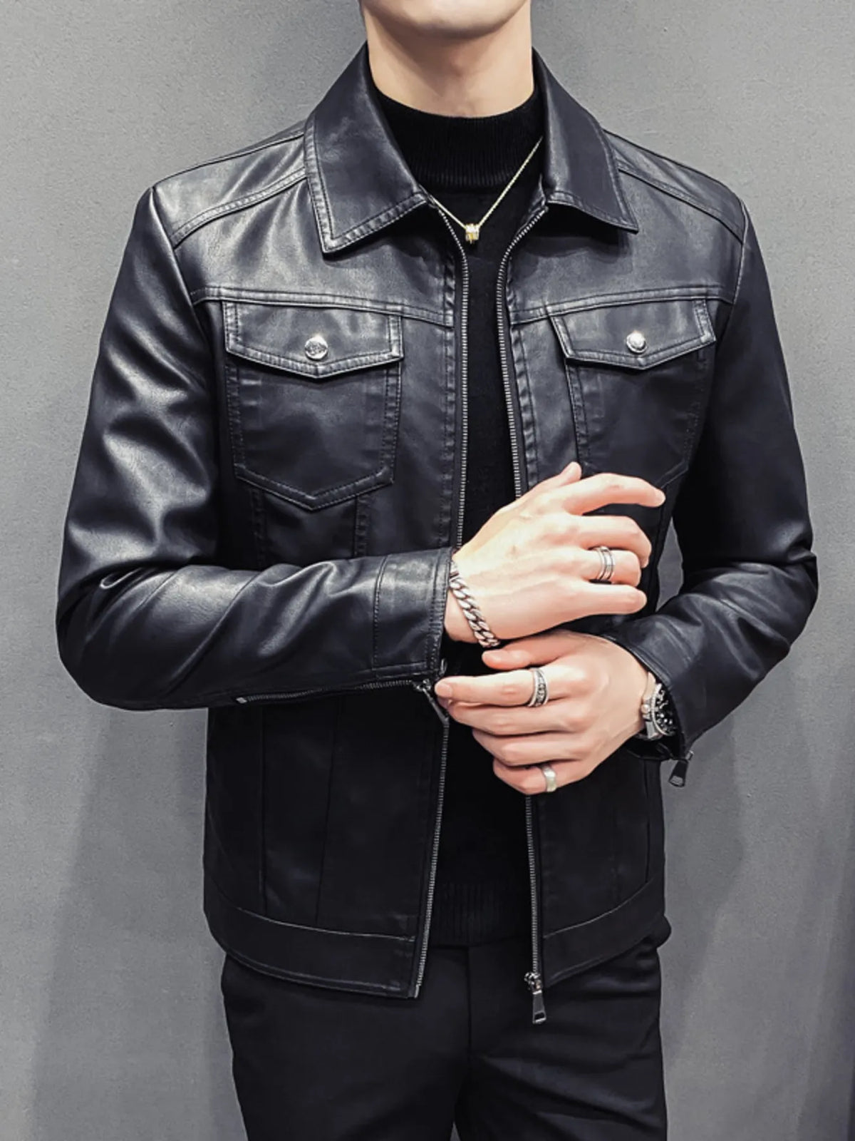 Men's black plus size classic fit faux leather jacket