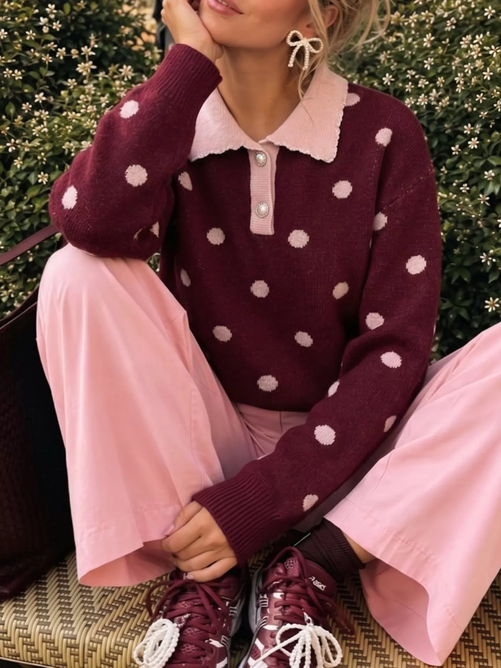 Burgundy polka dot collared sweater, view 2