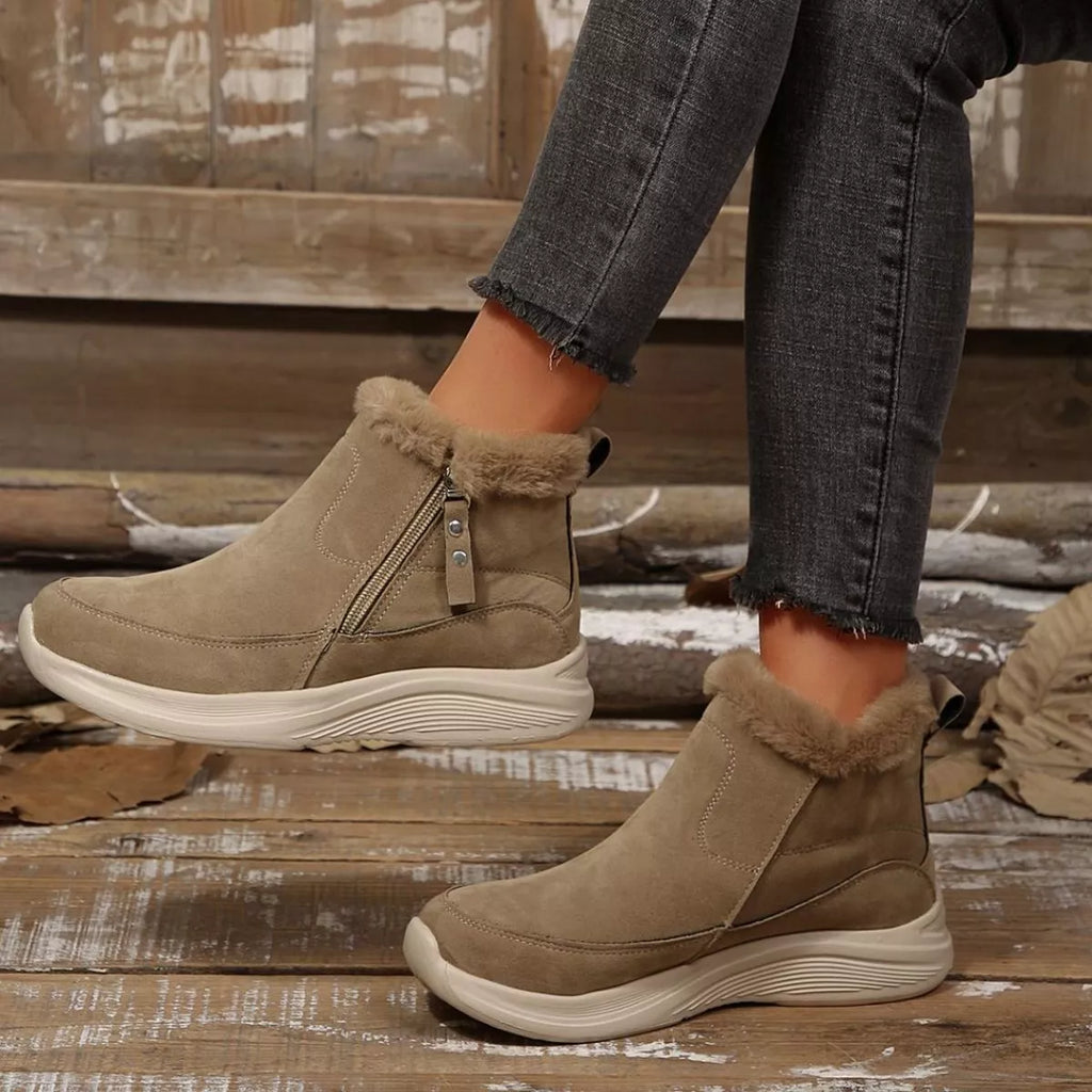 Flat round toe side zip suede boots, view 9