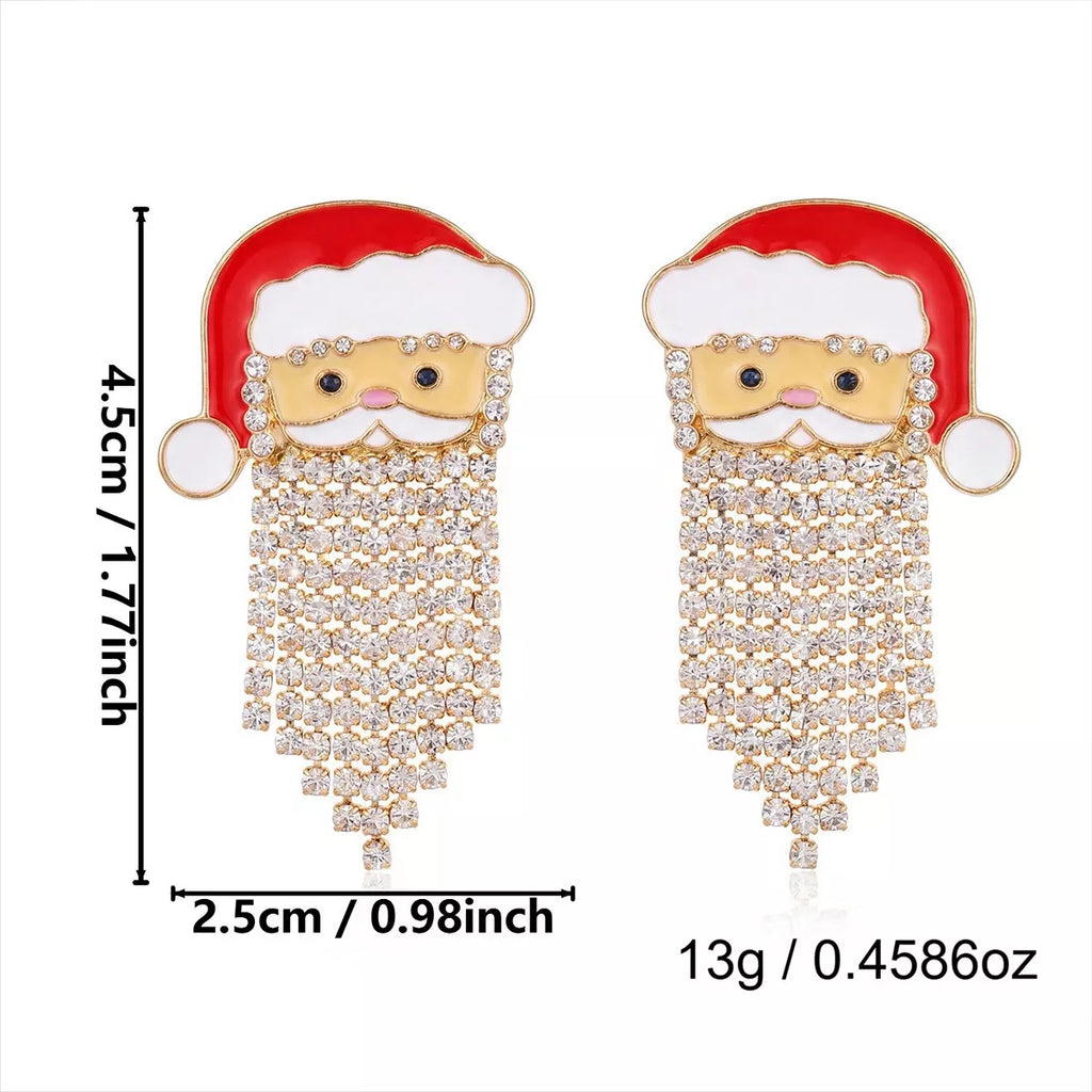 Santa Claus rhinestone and pearl tassel dangle earrings, view 6