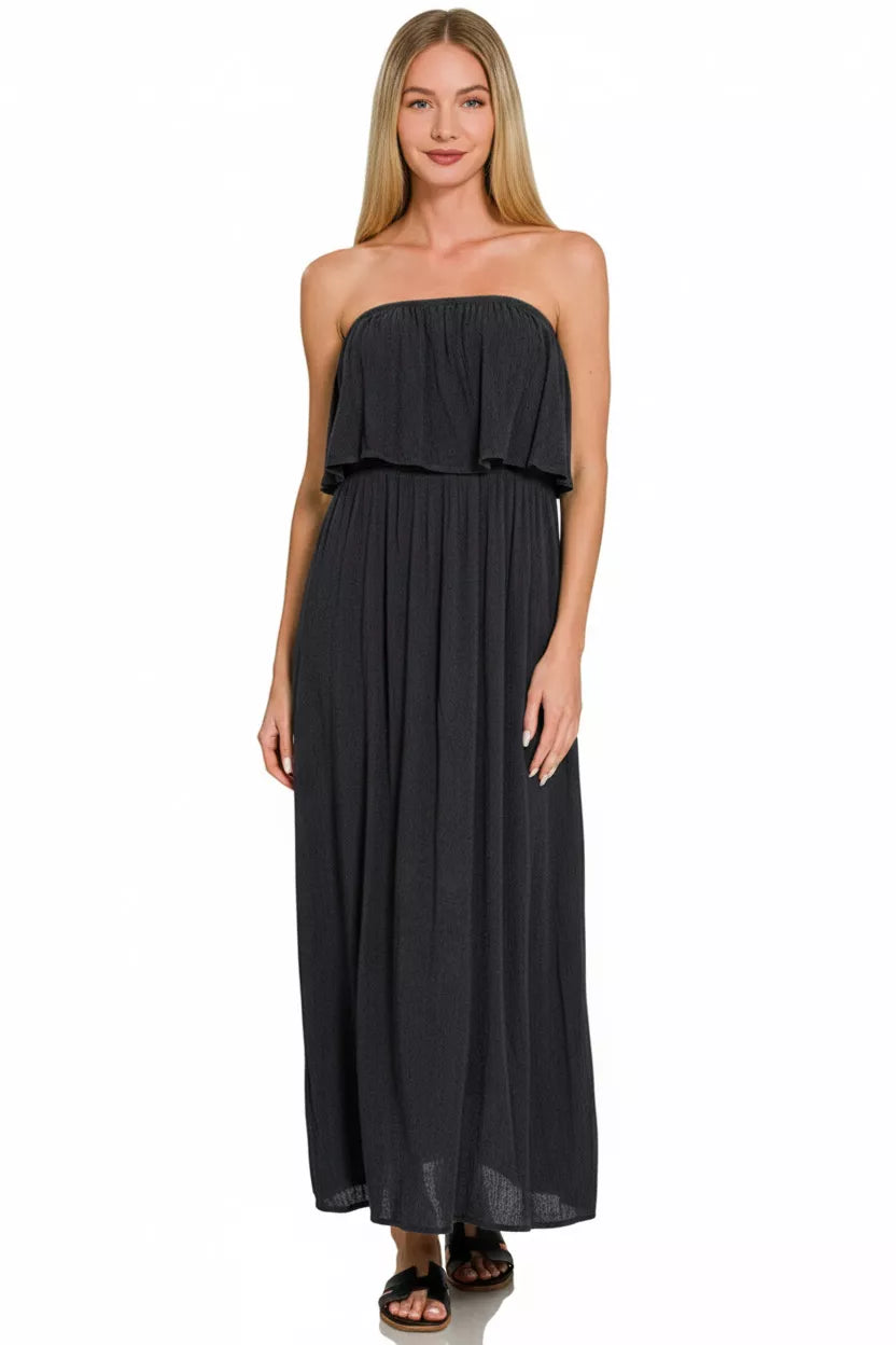 Woven crinkle strapless maxi dress by Zenana featuring a flowing design and relaxed fit, perfect for casual or summer wear.