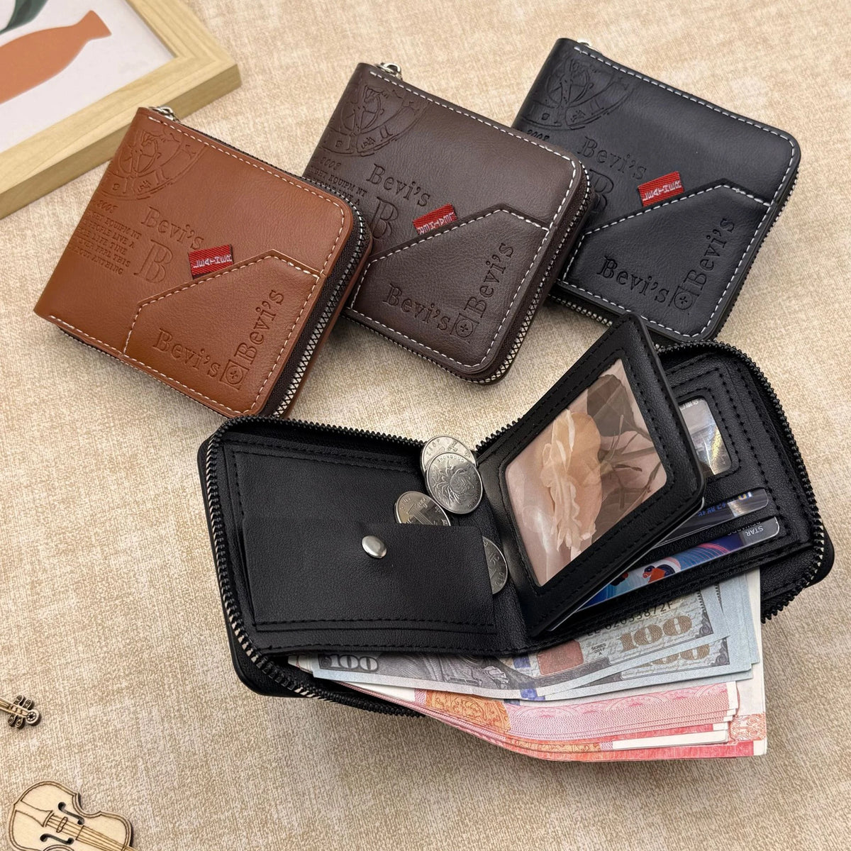 Men's PU Zipper Coin & Card Wallet