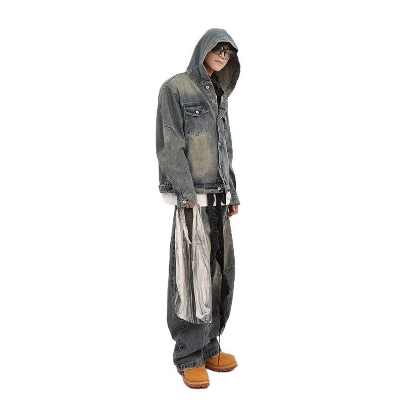 Retro washed distressed deconstruction niche hooded denim jacket top for teenagers