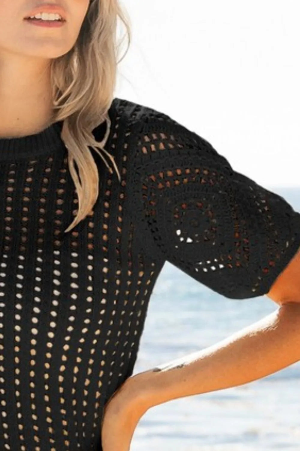 BiBi Crochet Lace Top with puff sleeves from Trendsi, featuring intricate lace details and stylish puffed shoulder design.