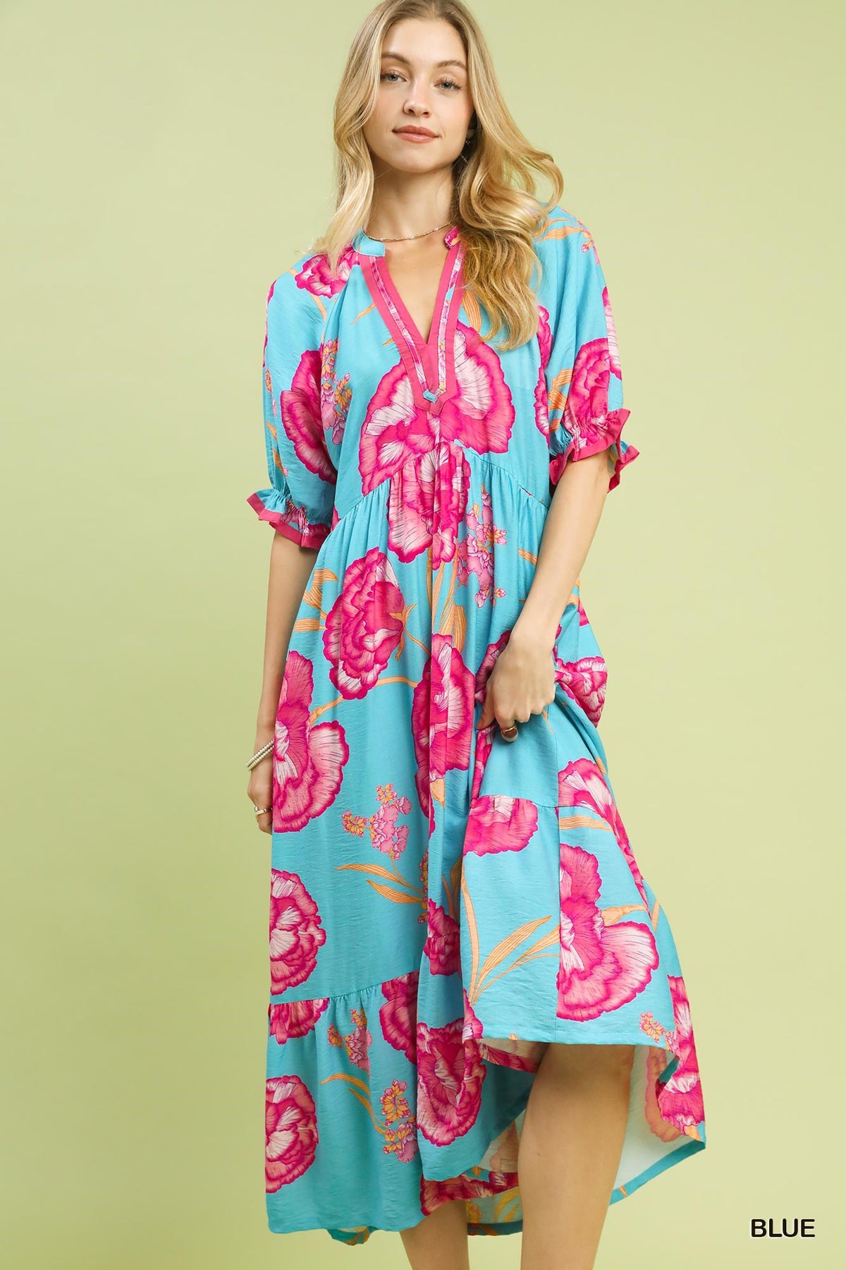 Umgee floral print midi dress with contrast trim, featuring a flowy silhouette and stylish design, perfect for casual or semi-formal wear.