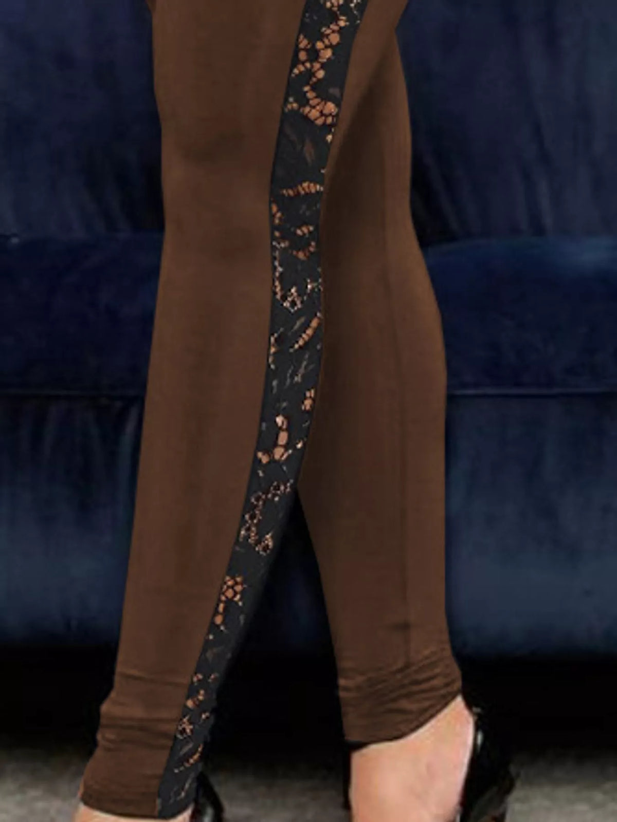 Full size high-waisted floral lace-trimmed slimming leggings by Trendsi, featuring a snug fit and decorative floral lace details.