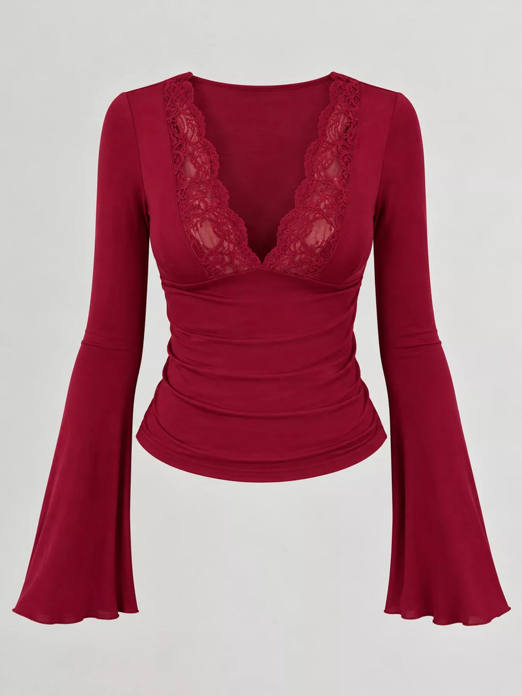 Lace trim V-neck long sleeve slim fit T-shirt by Trendsi, featuring a fitted silhouette and delicate lace details.