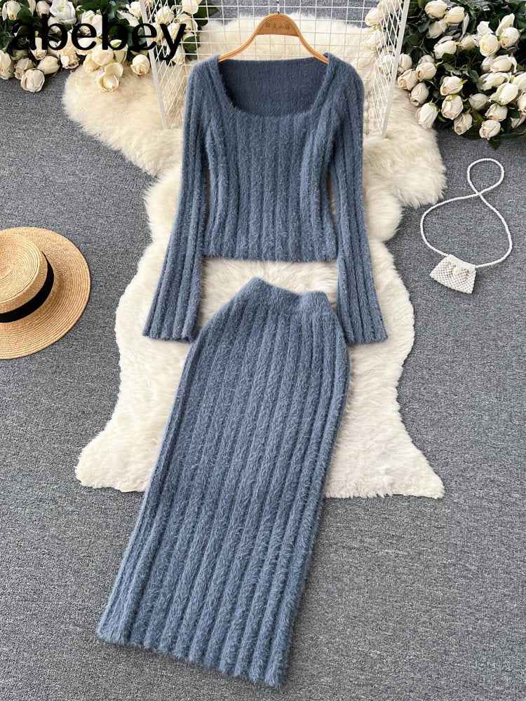 Women Gentle Knitted Two Pieces Suits Soft Sweater Short Top+High Waist Midi Long Skirt Suits Elastic Slim Winter Sets