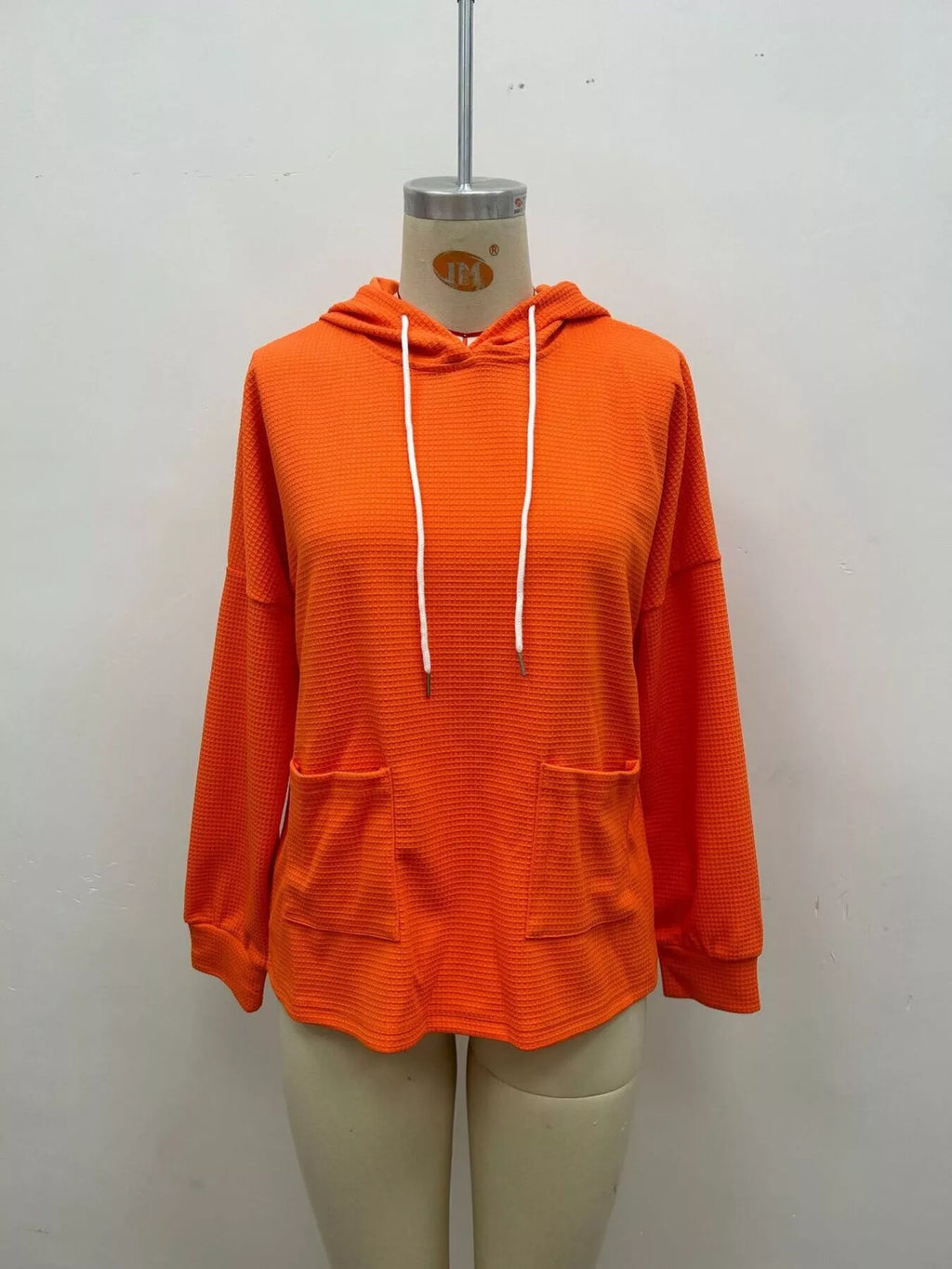 Plus size waffle knit long sleeve drawstring hoodie, view 2