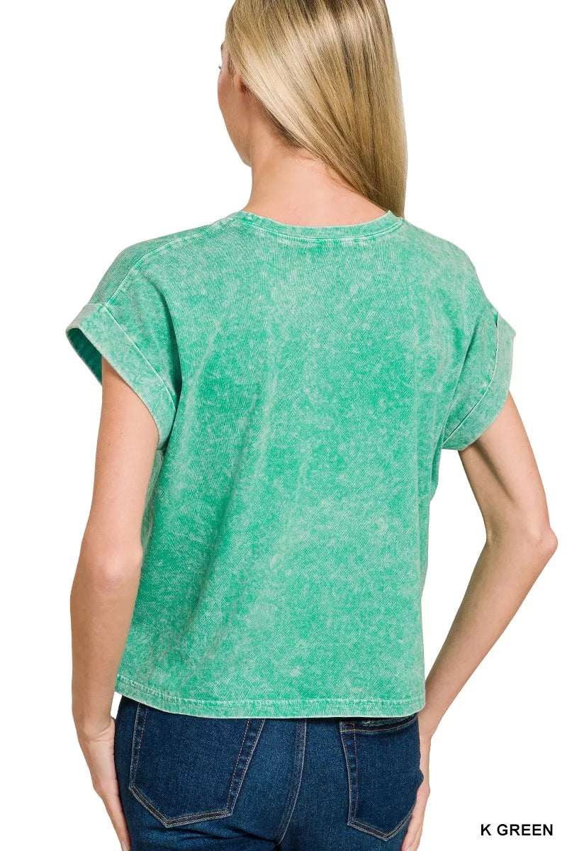 Zenana Halo washed cotton cuffed short sleeve top, casual women’s shirt with a relaxed fit and soft fabric in a neutral color