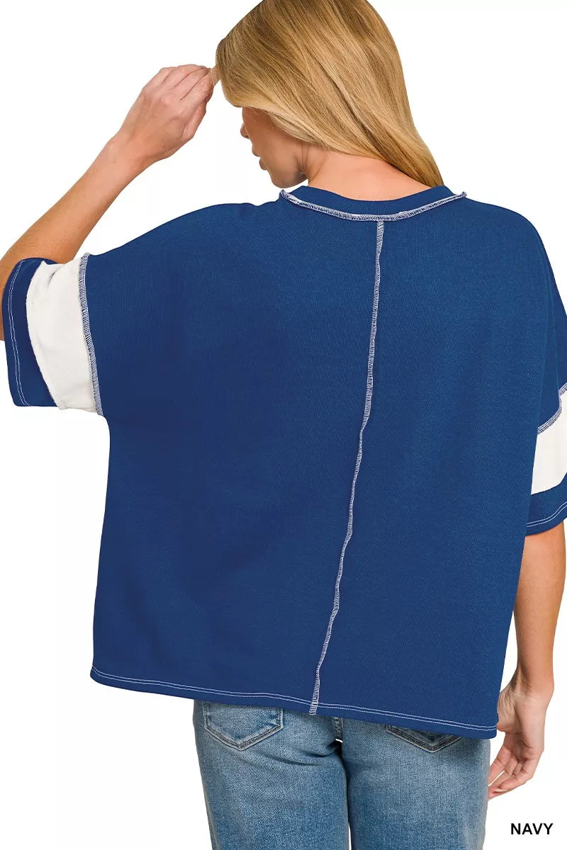Zenana French Terry striped exposed seam top featuring long sleeves and casual fit in soft, comfortable fabric.