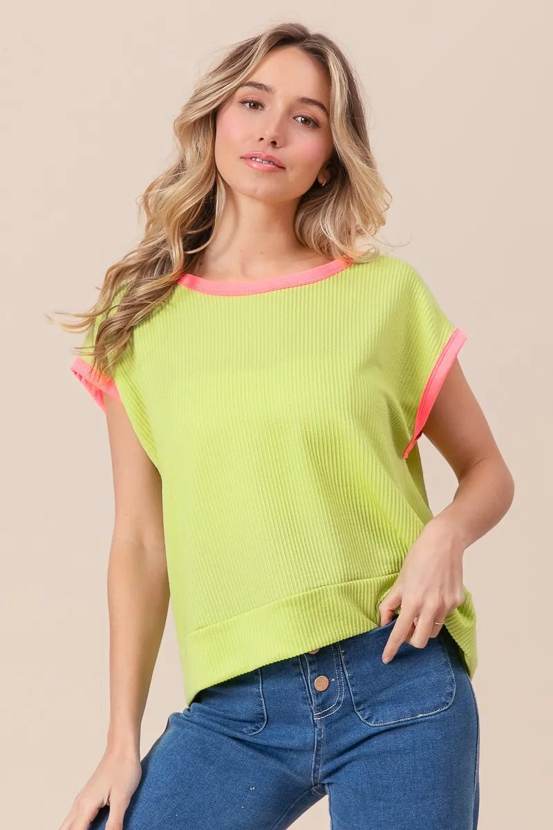 Trendsi BiBi Cord Rib Knit Contrast Banded Top featuring a ribbed texture, contrast bands at the hem and neckline, casual stylish design.