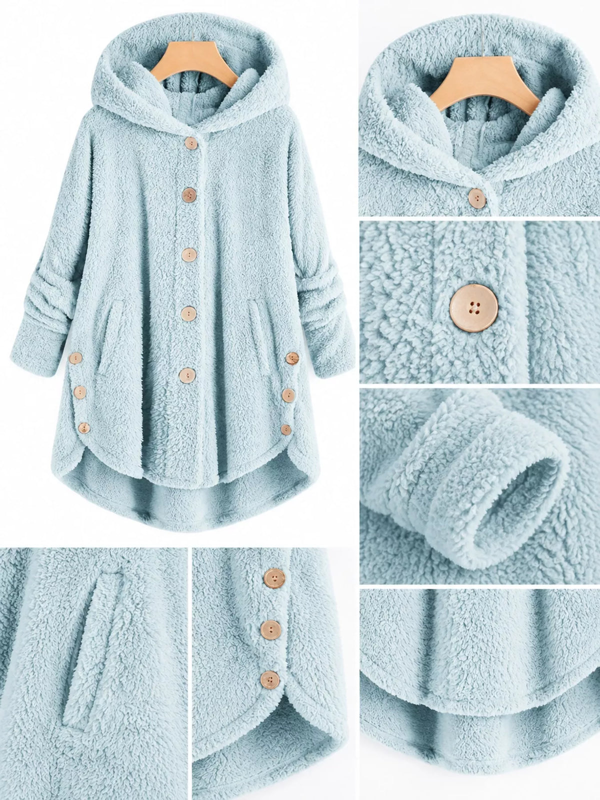 Plus size hooded fleece button-up jacket with high-low hem, view 15