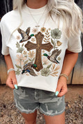 Plus size mallard cross floral graphic casual T-shirt from Trendsi featuring a full size design and vibrant floral print.