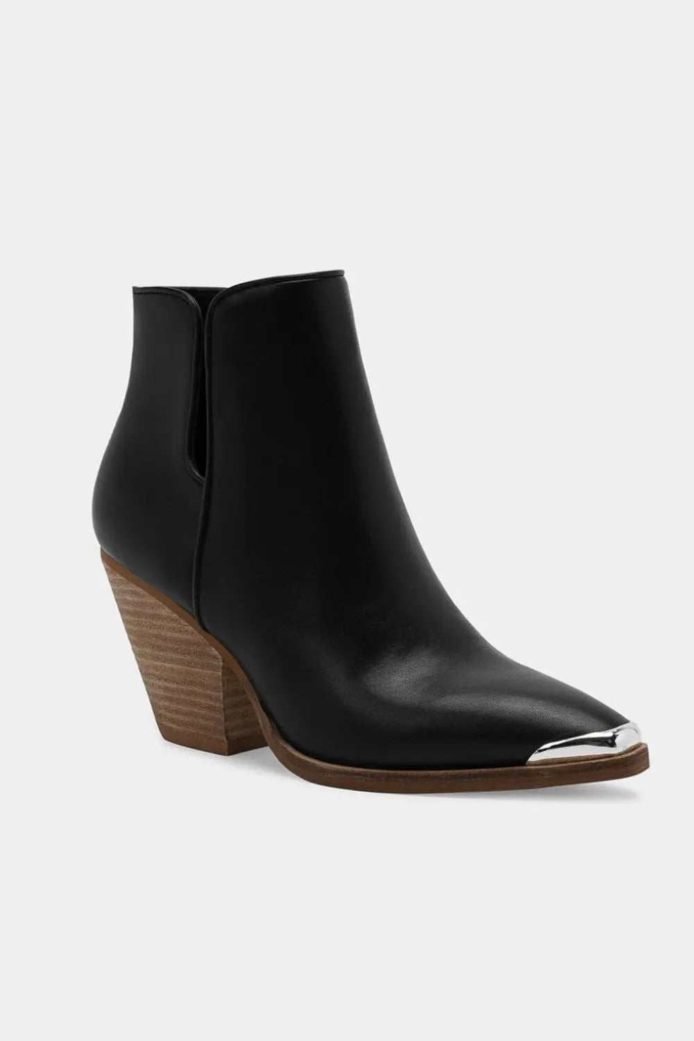 Trendsi Beast Fashion pointed metal-tip toe block heel ankle boots, black leather with sleek design and sturdy heel.