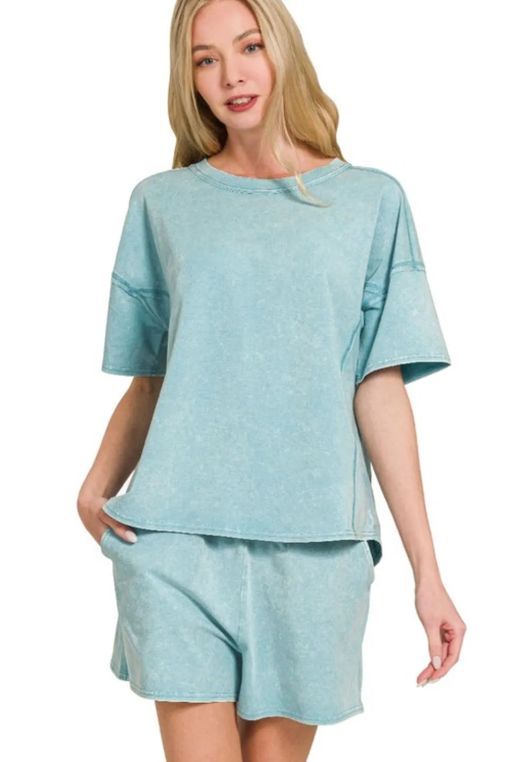 Acid washed short sleeve tee and shorts set by Zenana, casual loungewear with a relaxed fit and trendy style.